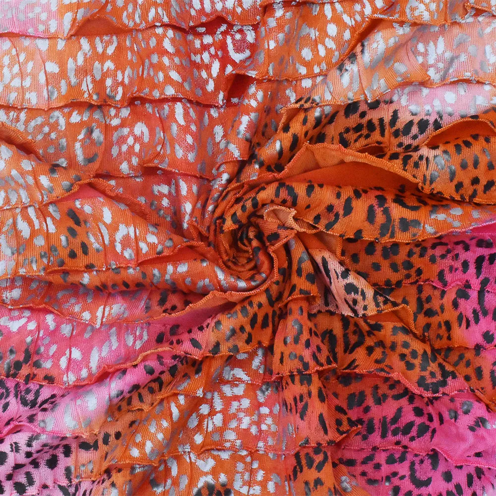 Orange-Pink-Multi Cheetah Printed Tie Dye Stretch Poly Ruffle Knit Fabric