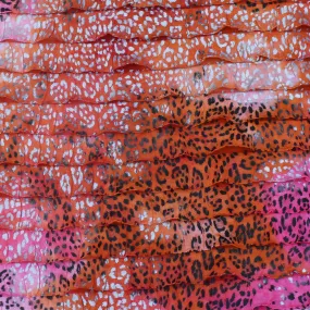 Orange-Pink-Multi Cheetah Printed Tie Dye Stretch Poly Ruffle Knit Fabric