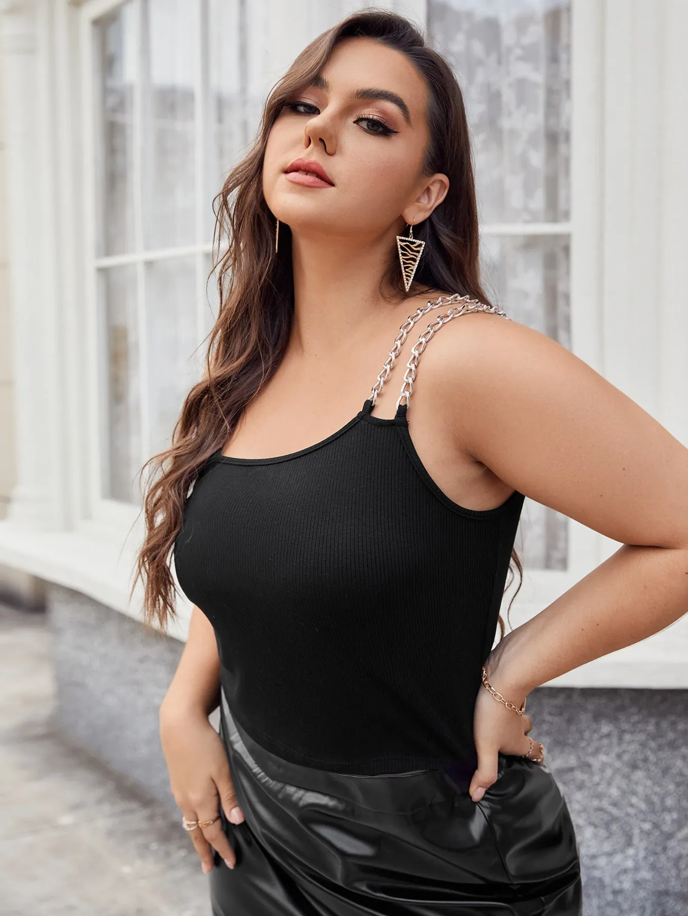 Plain Chain Spaghetti Strap Crop Plus Size Tank Top & Cami