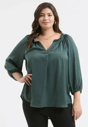 Plus Split Neck 3/4 Balloon Sleeve Blouse FOREST GREEN