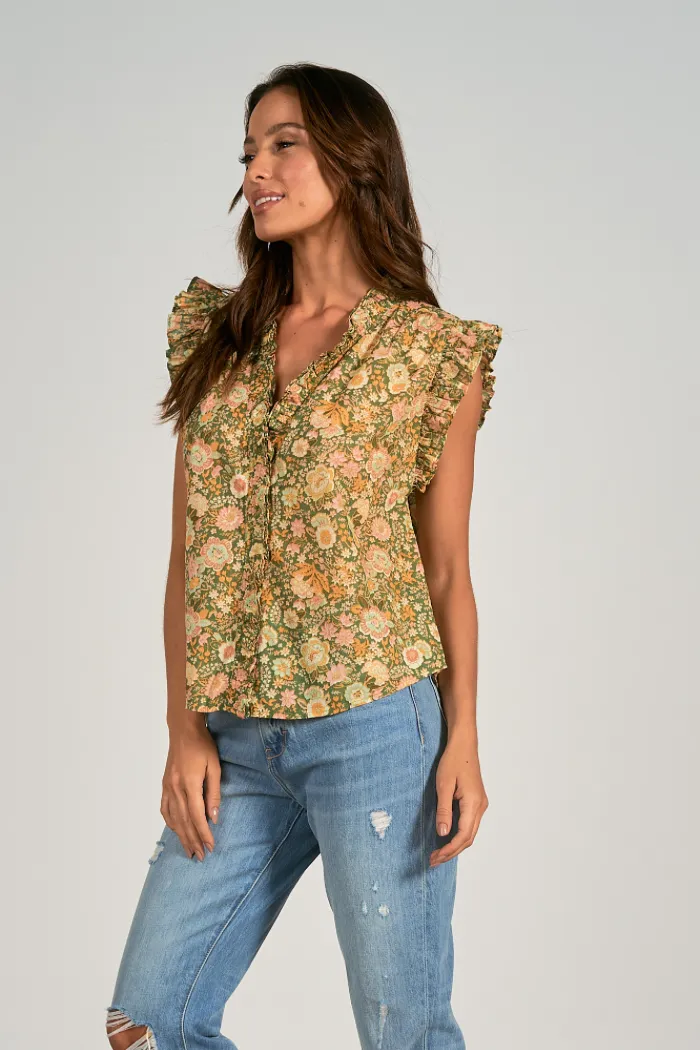 Printed Sleeveless Ruffle Edge Top