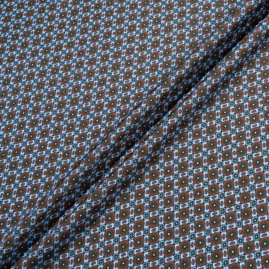 Rich Brown & Blue Geo Printed Pure Silk Twill