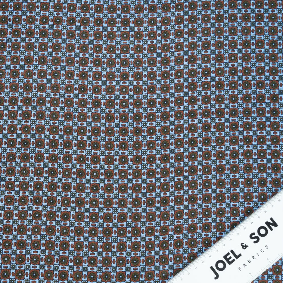 Rich Brown & Blue Geo Printed Pure Silk Twill