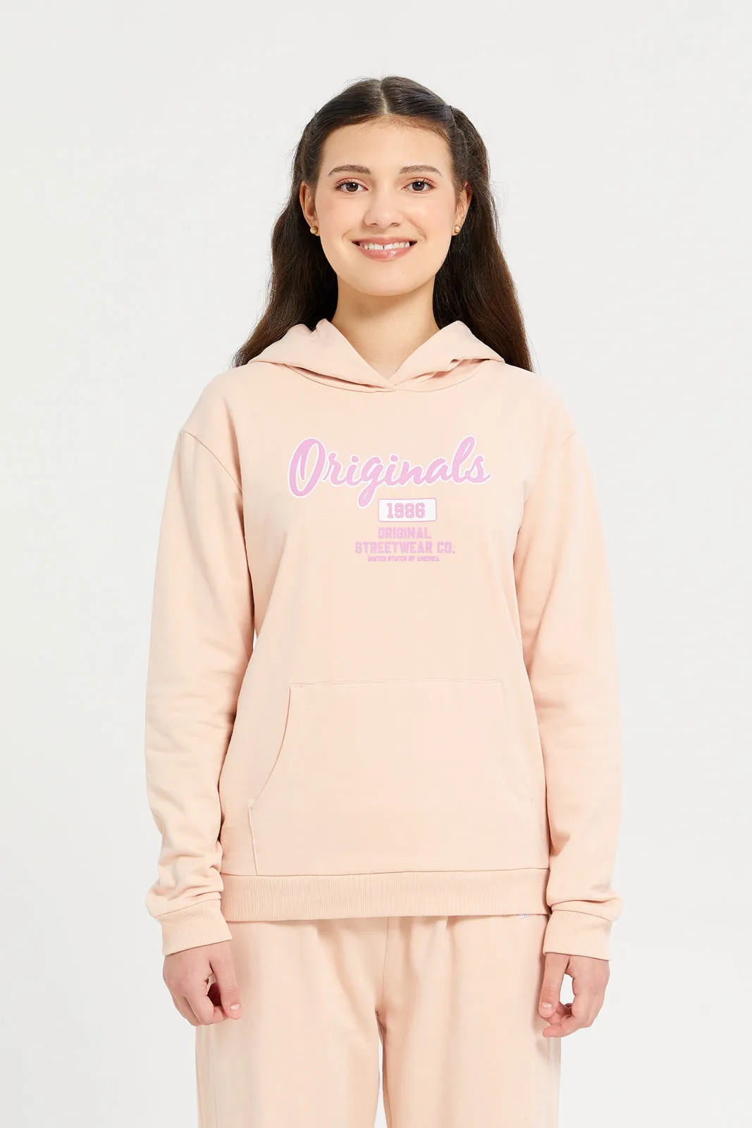 Senior Girls Beige Printed Hooded Sweatshirt