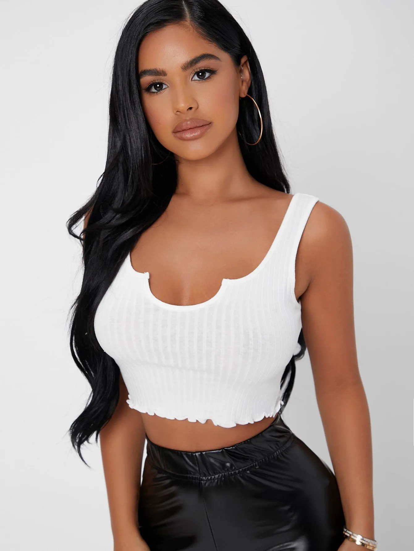 Sexy Plain Rib-Knit Notched Crop Women Tank Top & Cami