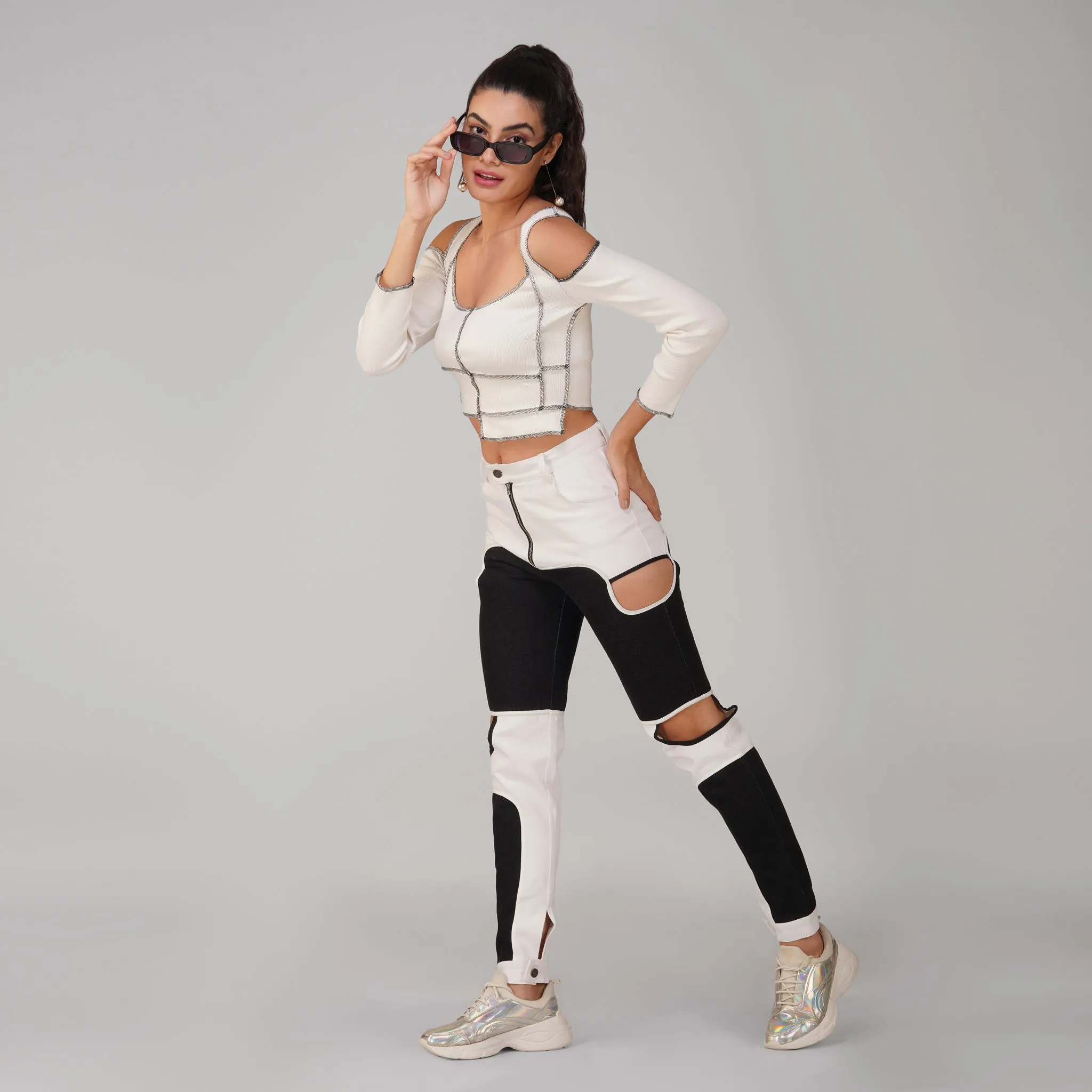 SLAY. Women's Contrast Stitch White Cold Shoulder Rib Full Sleeves Top & Jeans Co-ord Set