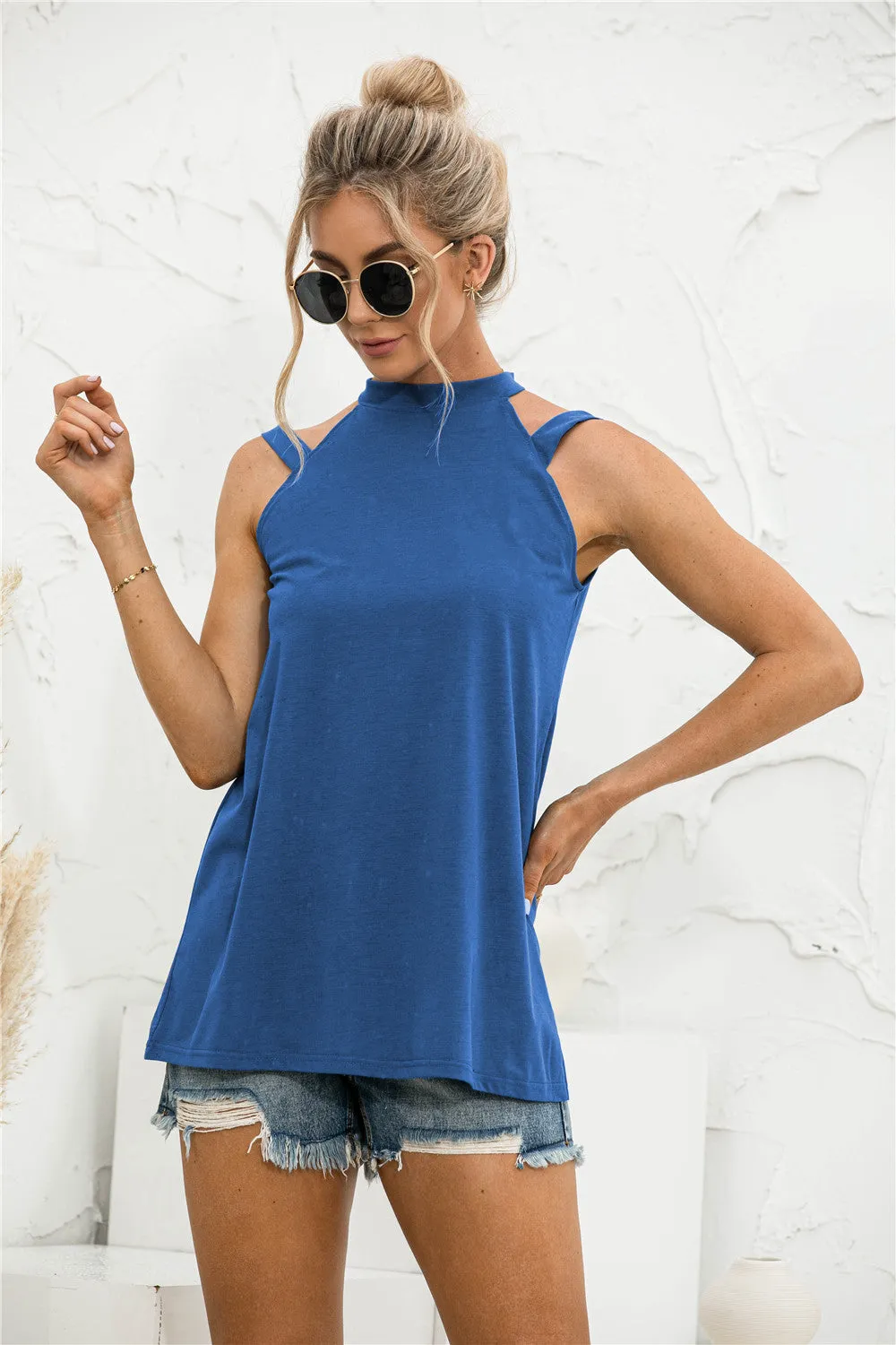 Solid Color Casual Off Shoulder Loose Sleeveless Womens Shirts Wholesale Tank Tops