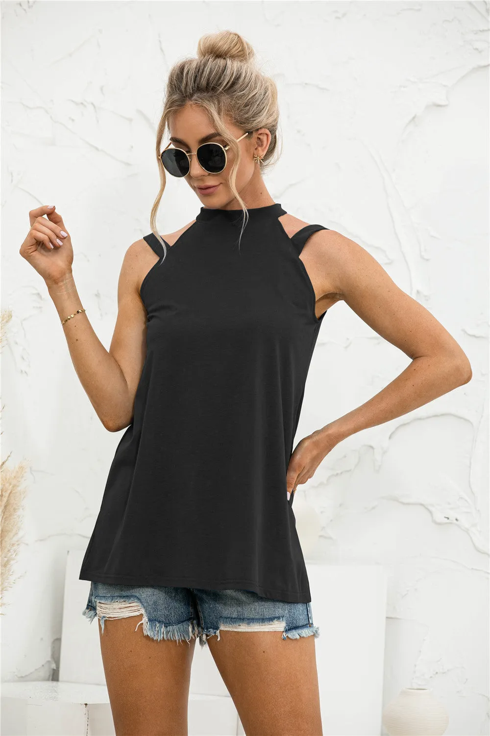 Solid Color Casual Off Shoulder Loose Sleeveless Womens Shirts Wholesale Tank Tops