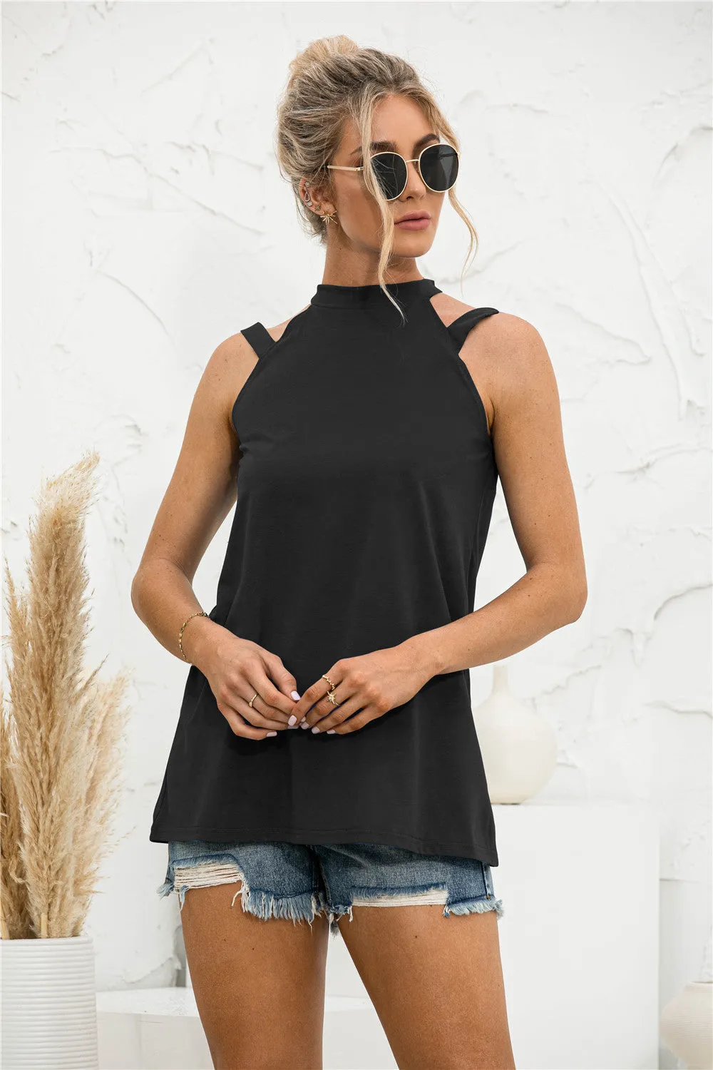 Solid Color Casual Off Shoulder Loose Sleeveless Womens Shirts Wholesale Tank Tops