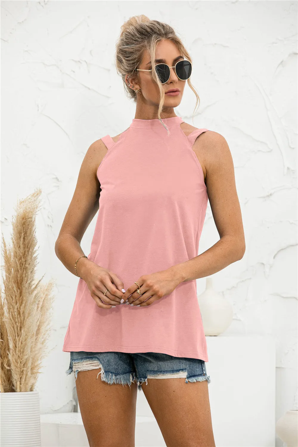 Solid Color Casual Off Shoulder Loose Sleeveless Womens Shirts Wholesale Tank Tops