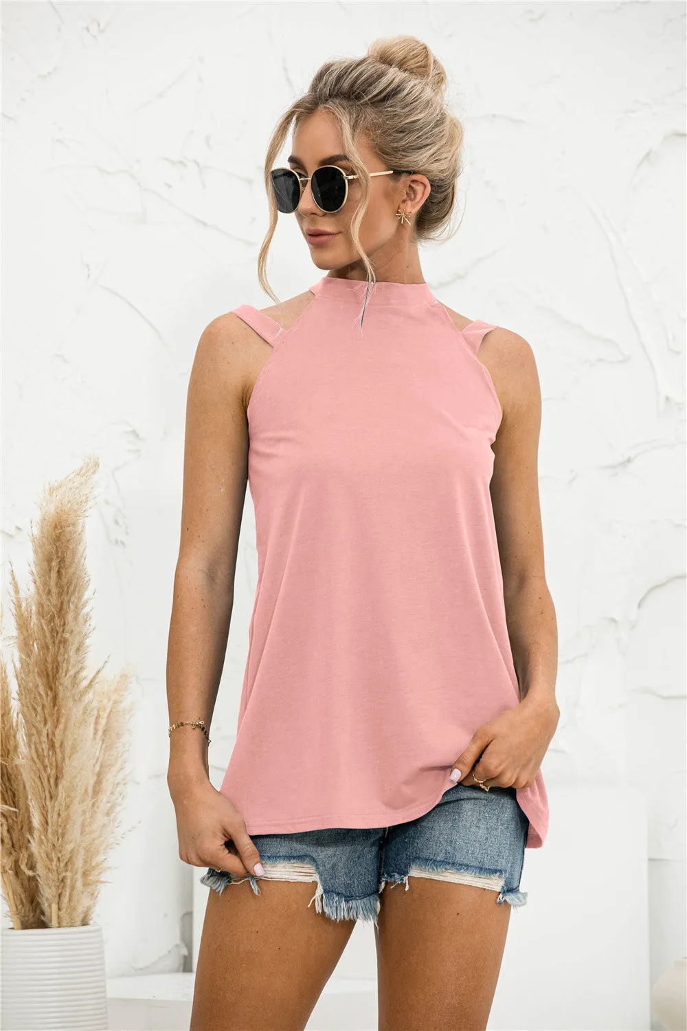 Solid Color Casual Off Shoulder Loose Sleeveless Womens Shirts Wholesale Tank Tops