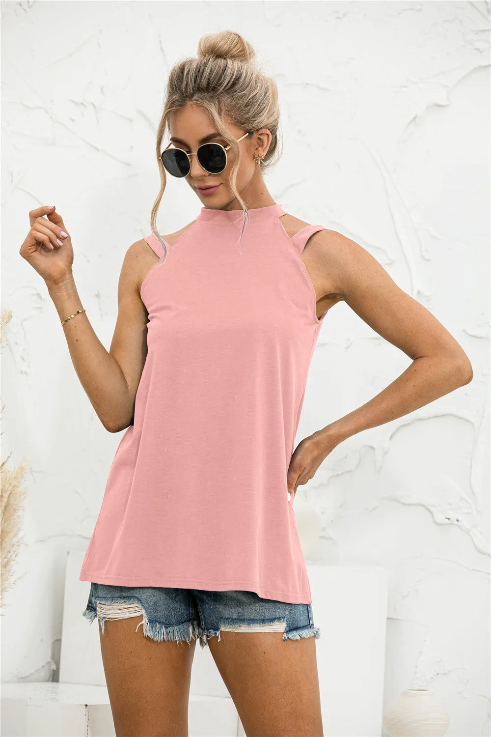 Solid Color Casual Off Shoulder Loose Sleeveless Womens Shirts Wholesale Tank Tops