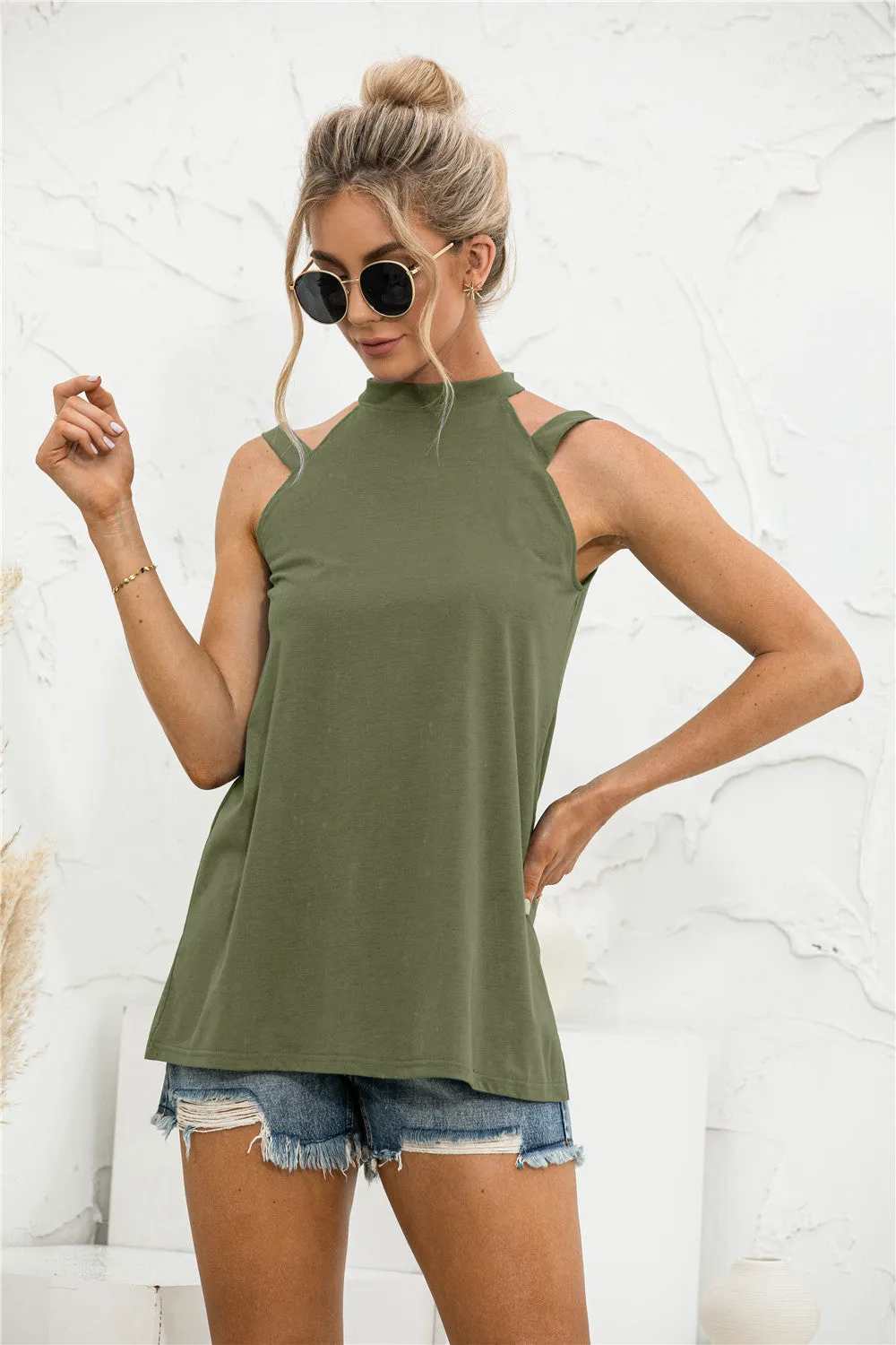 Solid Color Casual Off Shoulder Loose Sleeveless Womens Shirts Wholesale Tank Tops