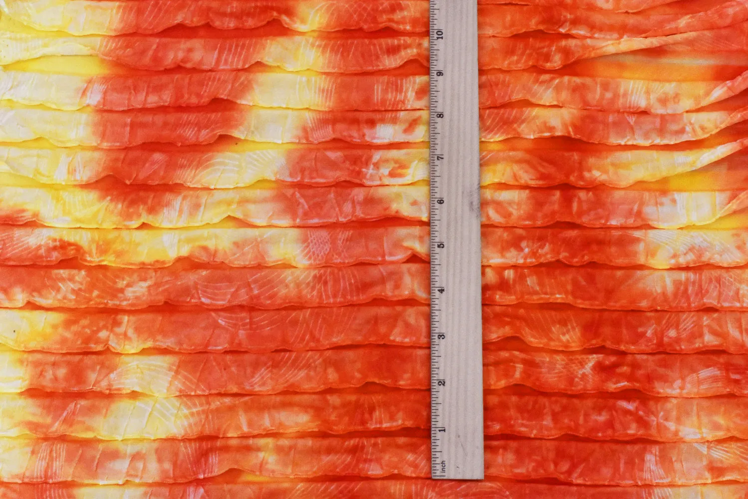 Sun Orange-Yellow-Multi Tie Dye Stretch Poly Ruffle Knit Fabric