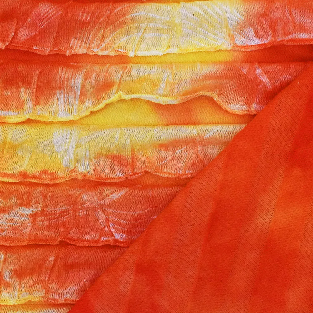 Sun Orange-Yellow-Multi Tie Dye Stretch Poly Ruffle Knit Fabric