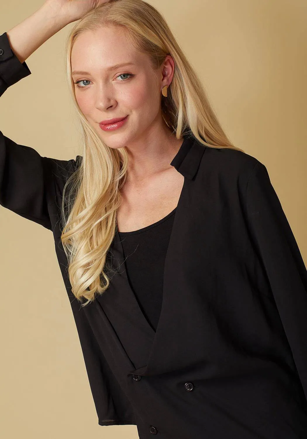 V-neck Button Down Solid Shirt Blouse in Black