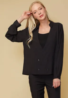 V-neck Button Down Solid Shirt Blouse in Black