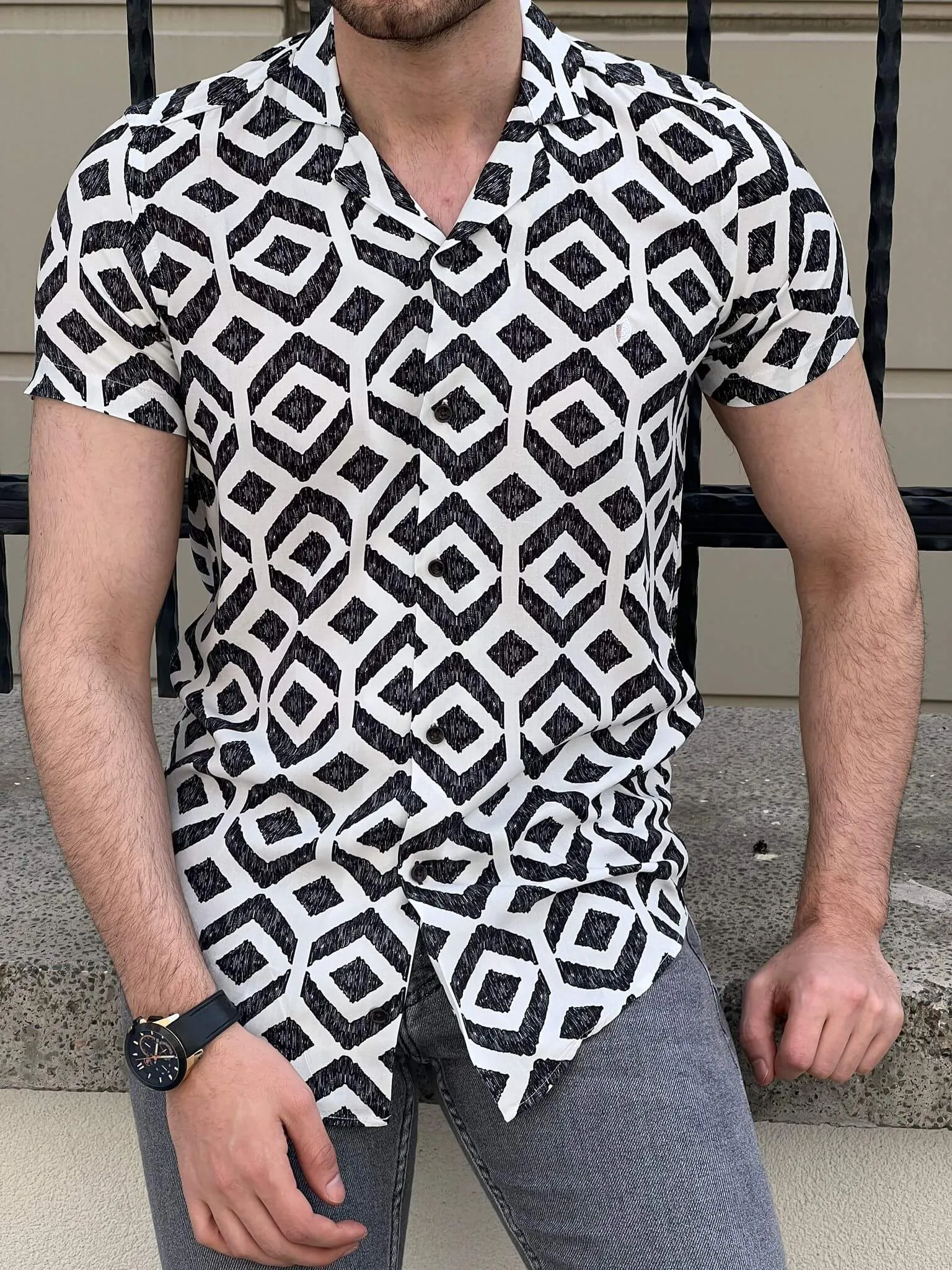 White Patterned Short Sleeve Shirt