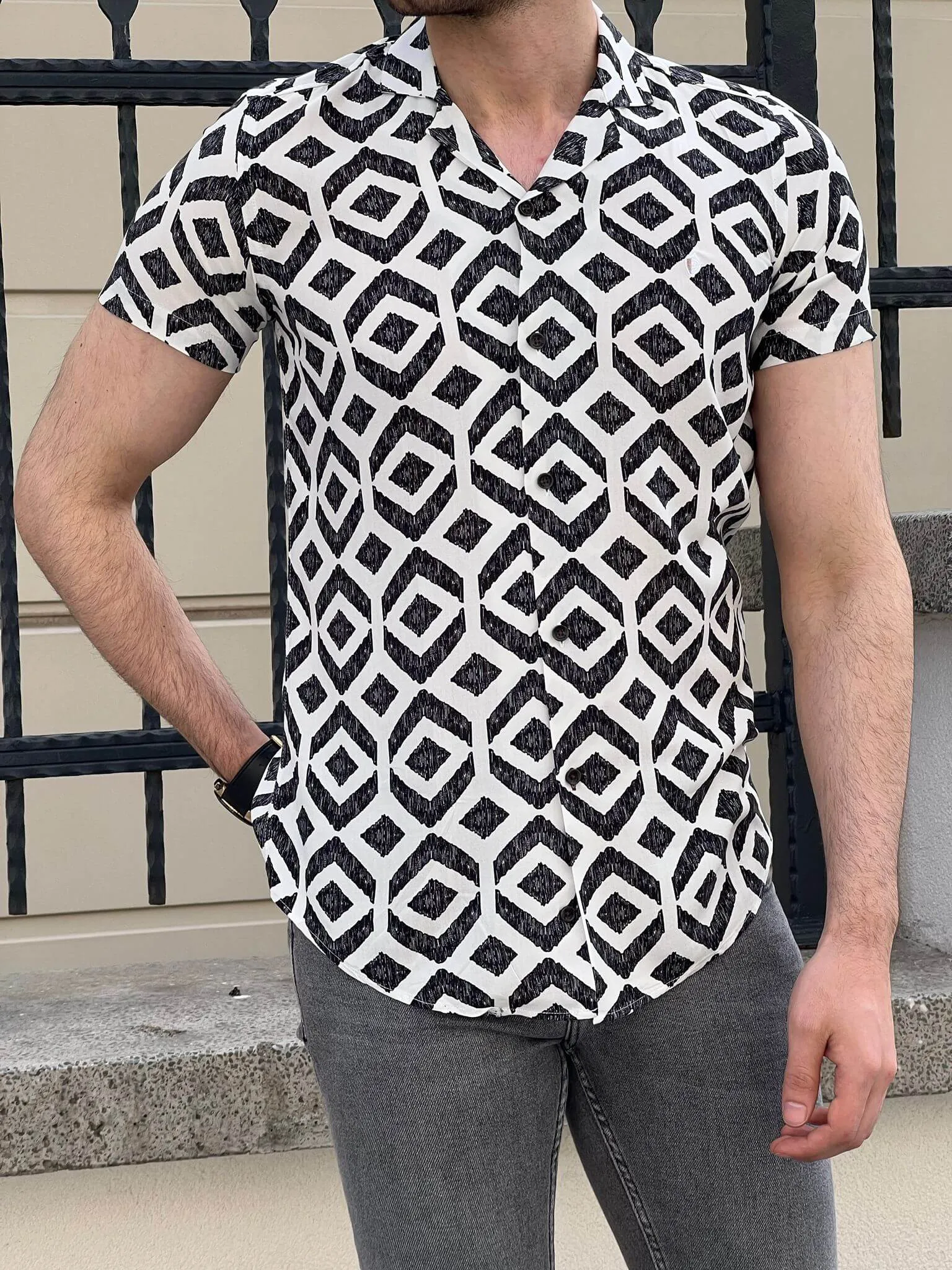 White Patterned Short Sleeve Shirt