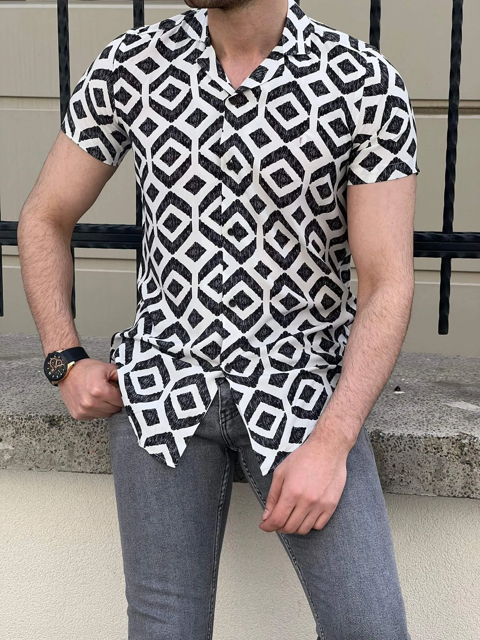 White Patterned Short Sleeve Shirt