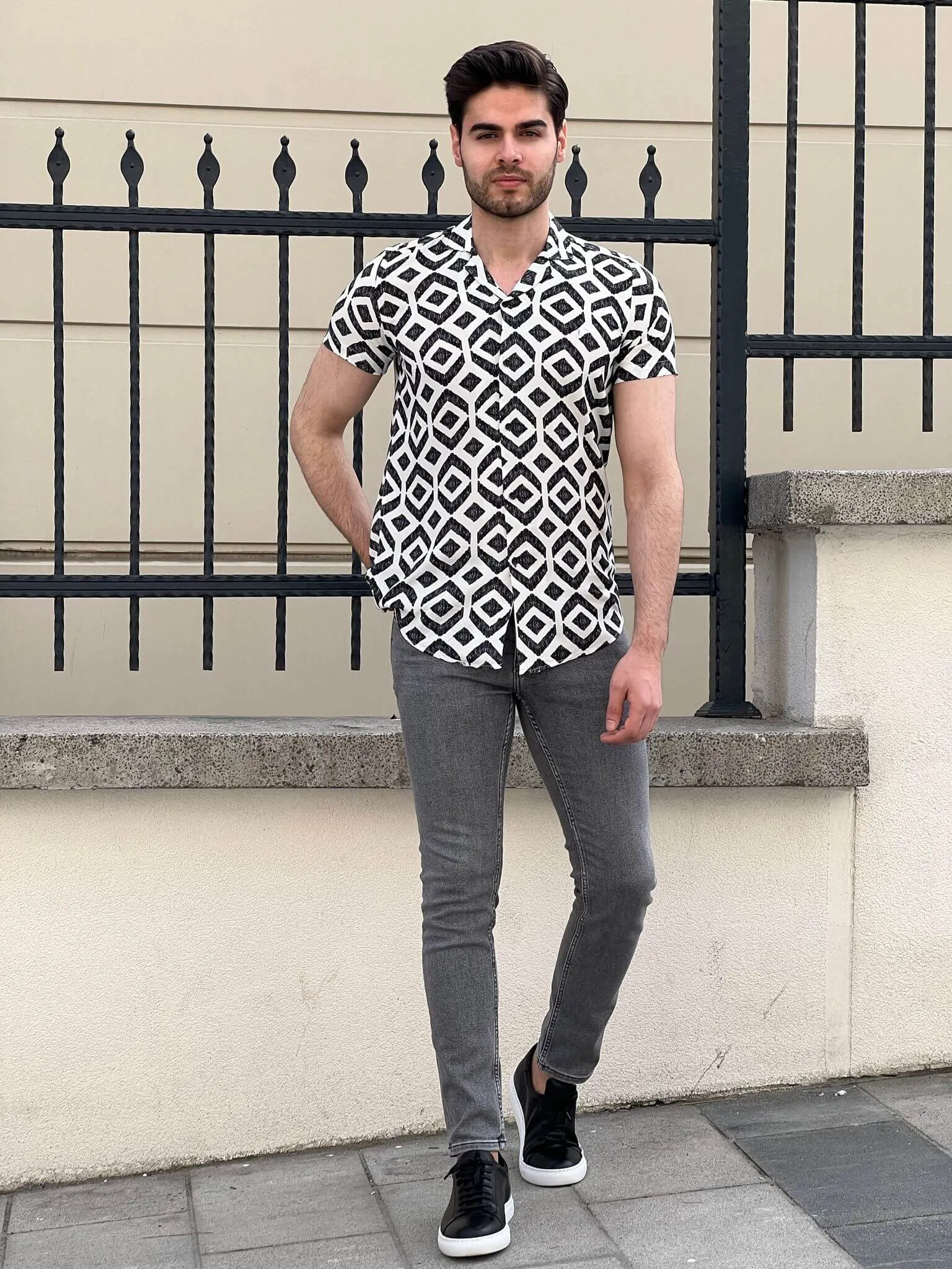 White Patterned Short Sleeve Shirt