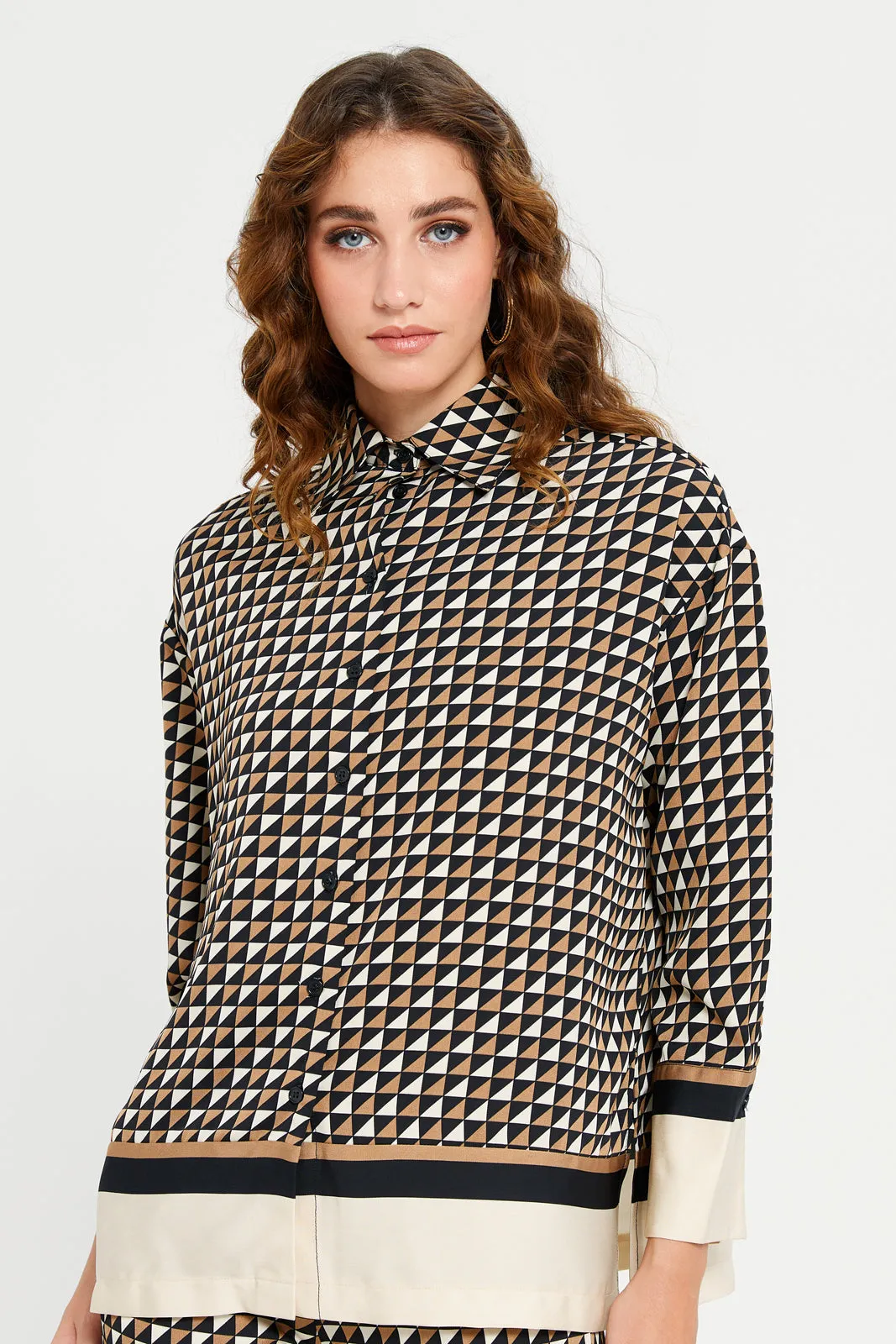 Women Assorted Border Printed Button Down Blouse