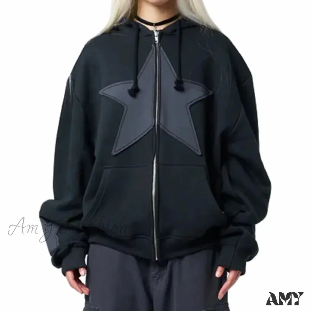 Y2K Spring Autumn Long Sleeve Star Zip Up Streetwear Hoodie