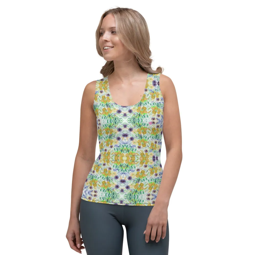 Yellow Floral Print Tank Top, Colorful Flower Print Designer Crew Beck Tank Top For Women