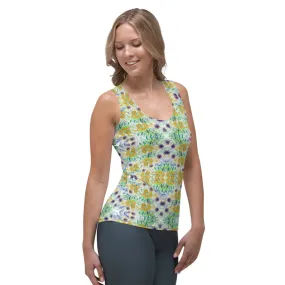 Yellow Floral Print Tank Top, Colorful Flower Print Designer Crew Beck Tank Top For Women