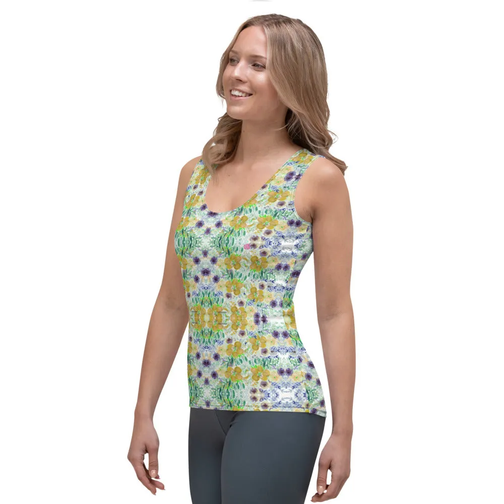 Yellow Floral Print Tank Top, Colorful Flower Print Designer Crew Beck Tank Top For Women