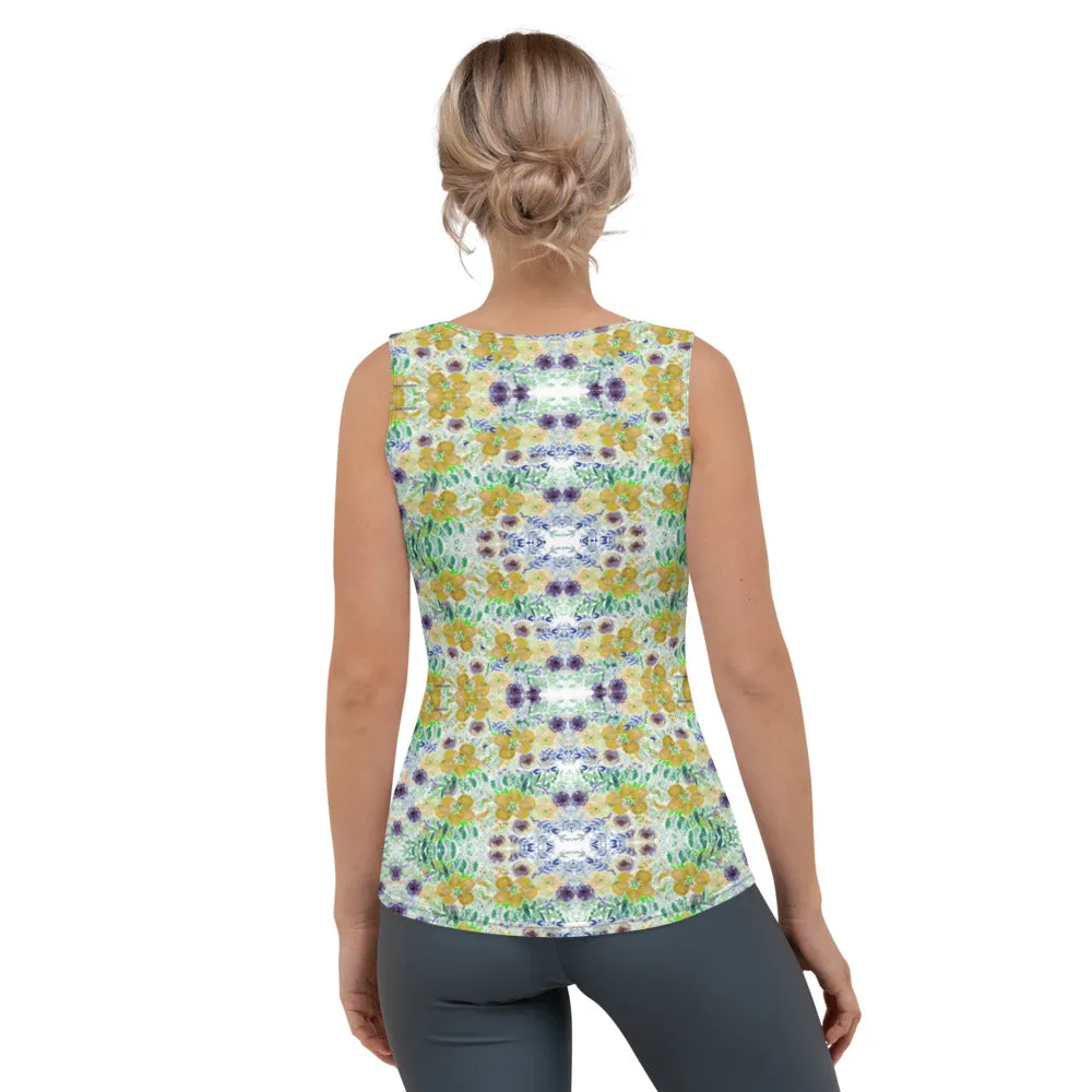 Yellow Floral Print Tank Top, Colorful Flower Print Designer Crew Beck Tank Top For Women