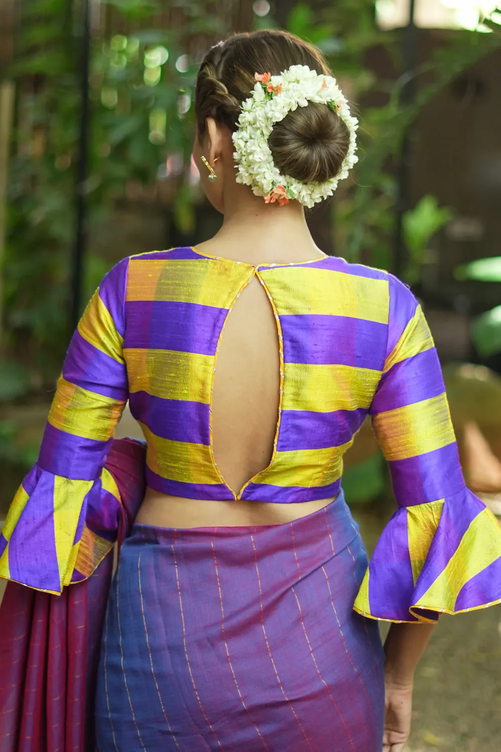 Yellow purple checked pure rawsilk V neck blouse