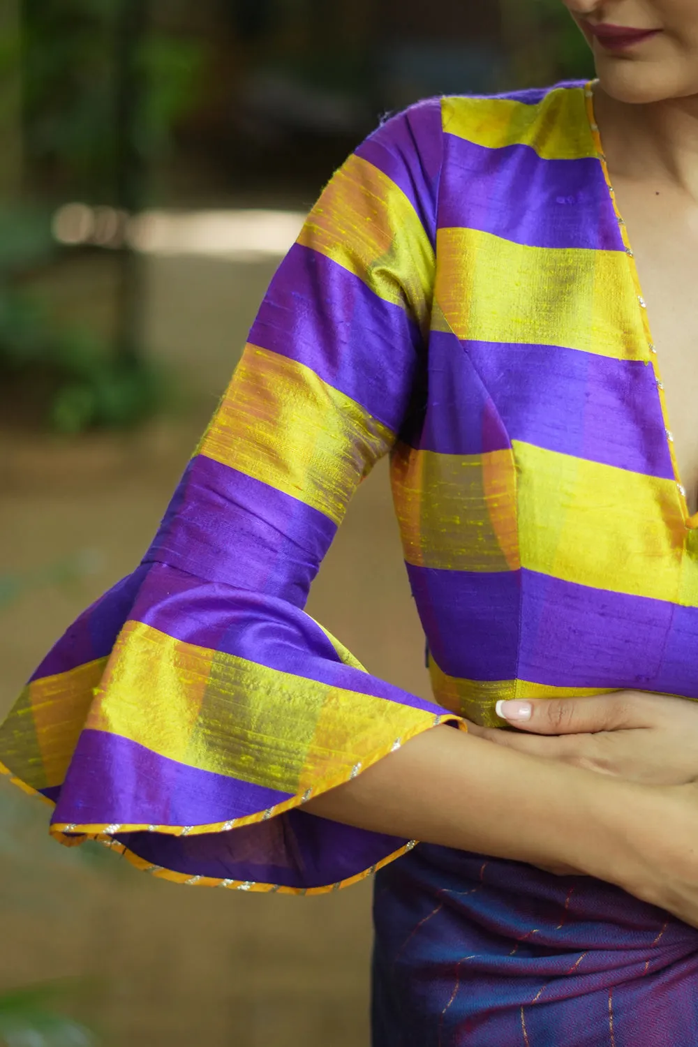 Yellow purple checked pure rawsilk V neck blouse