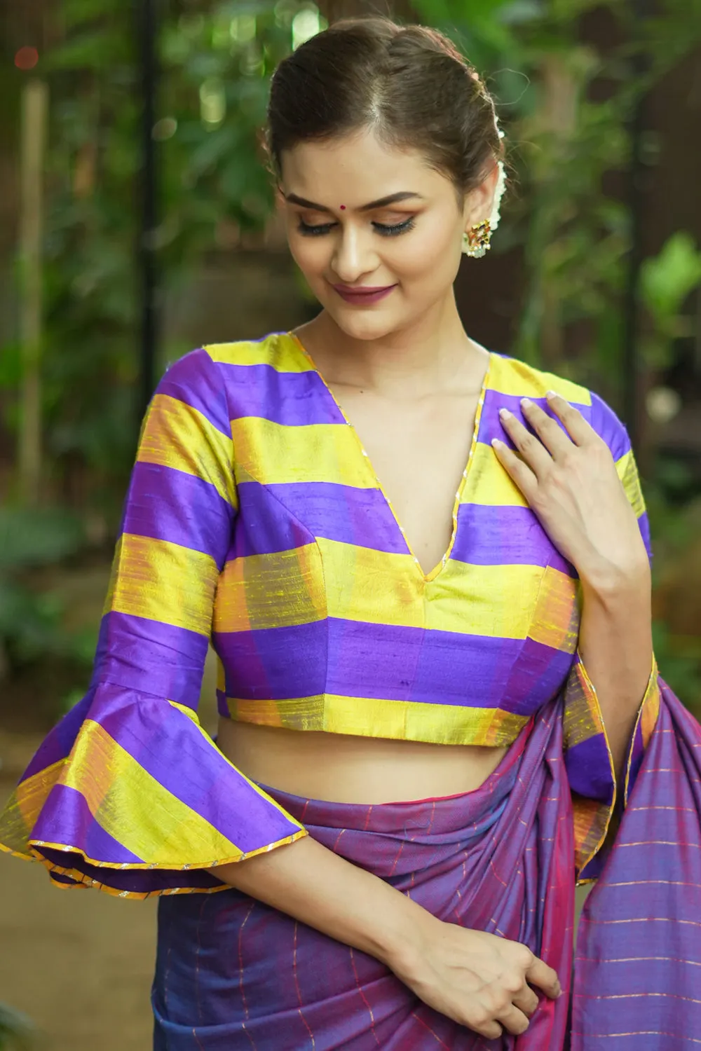 Yellow purple checked pure rawsilk V neck blouse