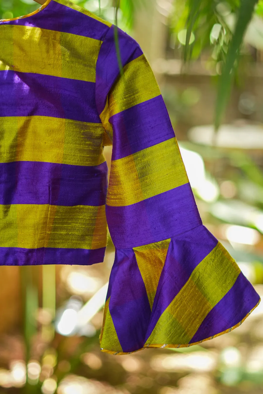 Yellow purple checked pure rawsilk V neck blouse